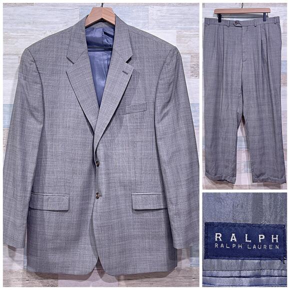 RRL Ralph Lauren Wool Glen Check Suit Gray 2 Button Mens 46R x Pleated Pants - Picture 1 of 12
